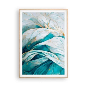 Poster in light oak frame - Blue Abstract with a Golden Motif - 70x100 cm