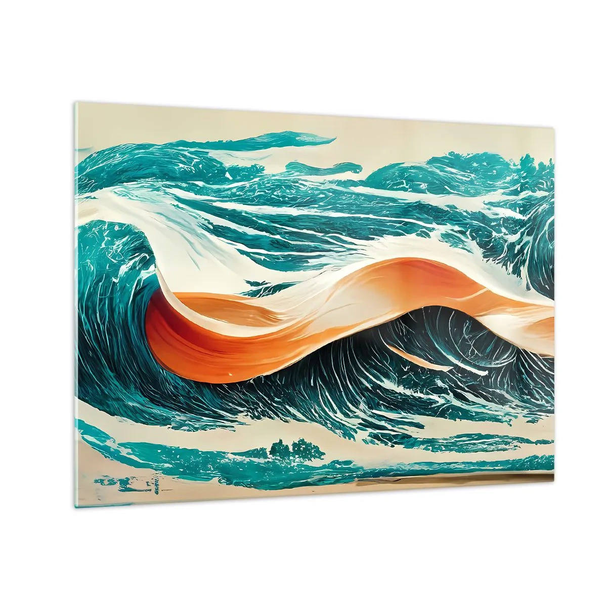 Glass picture - Turquoise waves with an orange ribbon in a surreal style - 70x50cm - Surfer's Dream - Modern wall decoration for the living room and bedroom ARTTOR