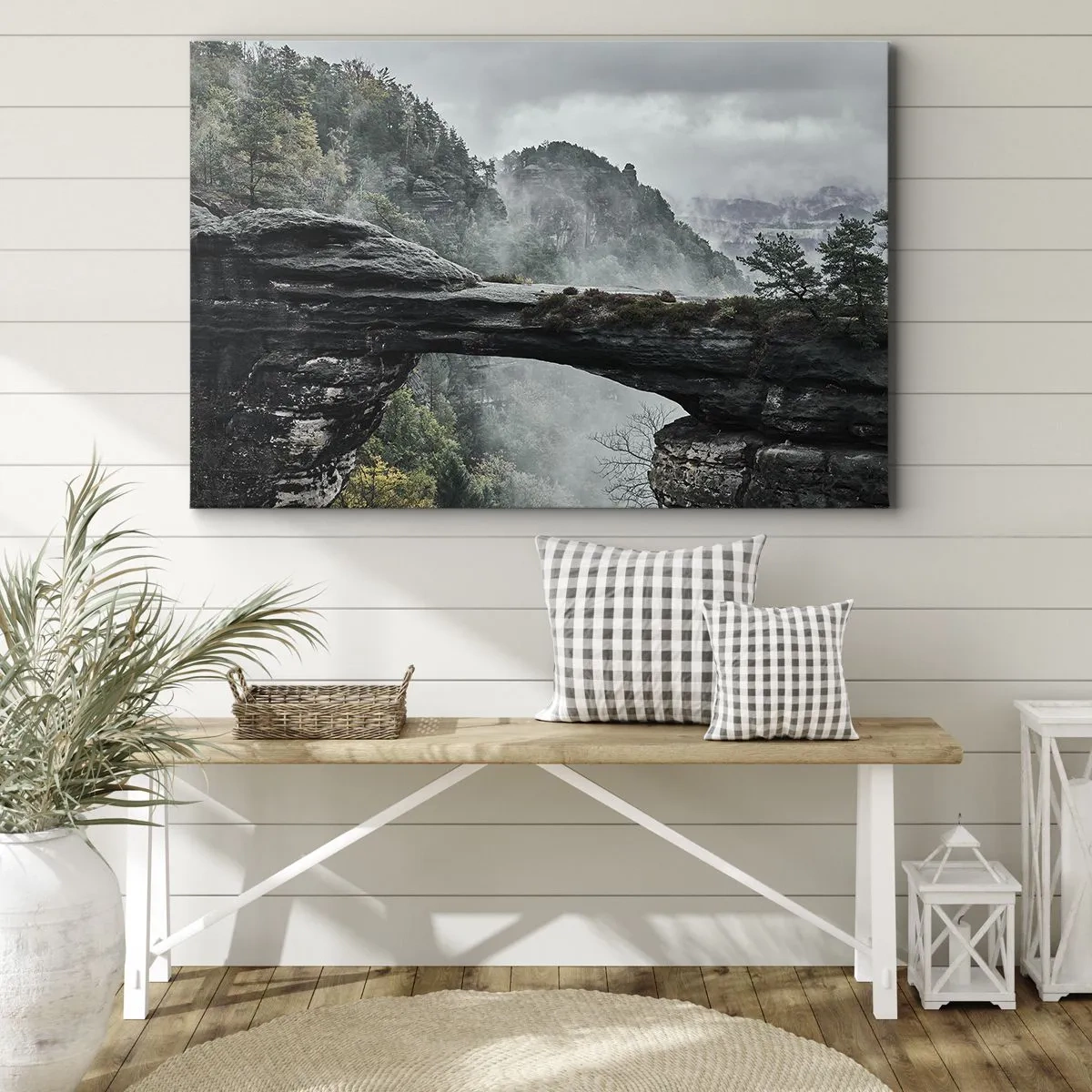 Canvas picture - A stone arch surrounded by misty mountains and forest - 70x50cm - Adventure Is About to Start - Modern wall decoration for the living room and bedroom ARTTOR