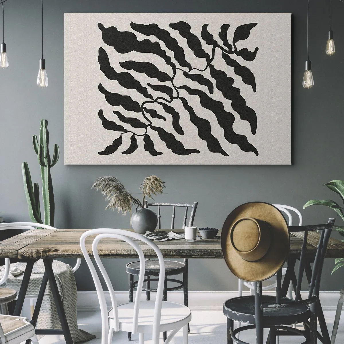 Canvas picture - Twigs with leaves in black on a light background - 70x50cm - Nature of a Square - Modern wall decoration for the living room and bedroom ARTTOR