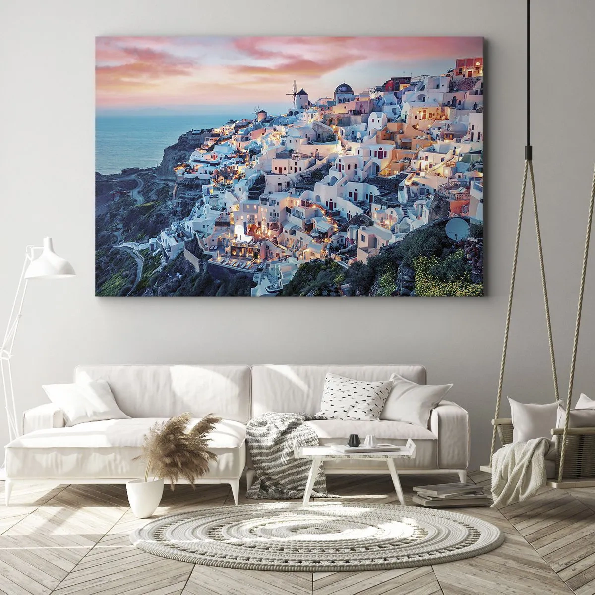 Canvas picture - Santorini at sunset with white buildings on the hill - 70x50cm - Your Big Greek Holidays - Modern wall decoration for the living room and bedroom ARTTOR
