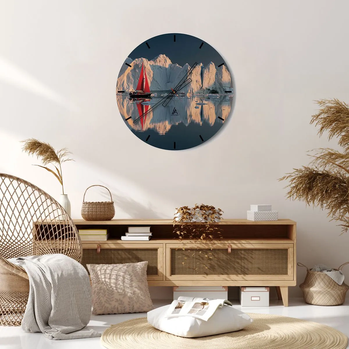 Wall clock - Clock on glass - sailboat with red sails against a background of icebergs - 30x30cm - On the Edge of the World - Modern wall decoration for the living room, kitchen, and bedroom ARTTOR