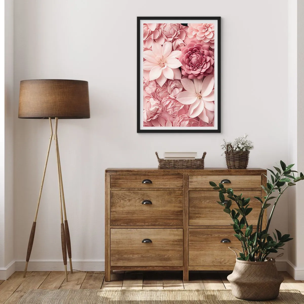 Poster in black frame - Pink flowers in an elegant composition - 50x70cm - In Pink Petals - Modern wall decoration for the living room and bedroom ARTTOR