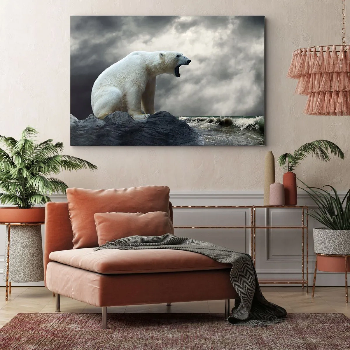 Canvas picture - A polar bear on the rocks above a stormy sea - 70x50cm - Lonely King of the Arctic - Modern wall decoration for the living room and bedroom ARTTOR