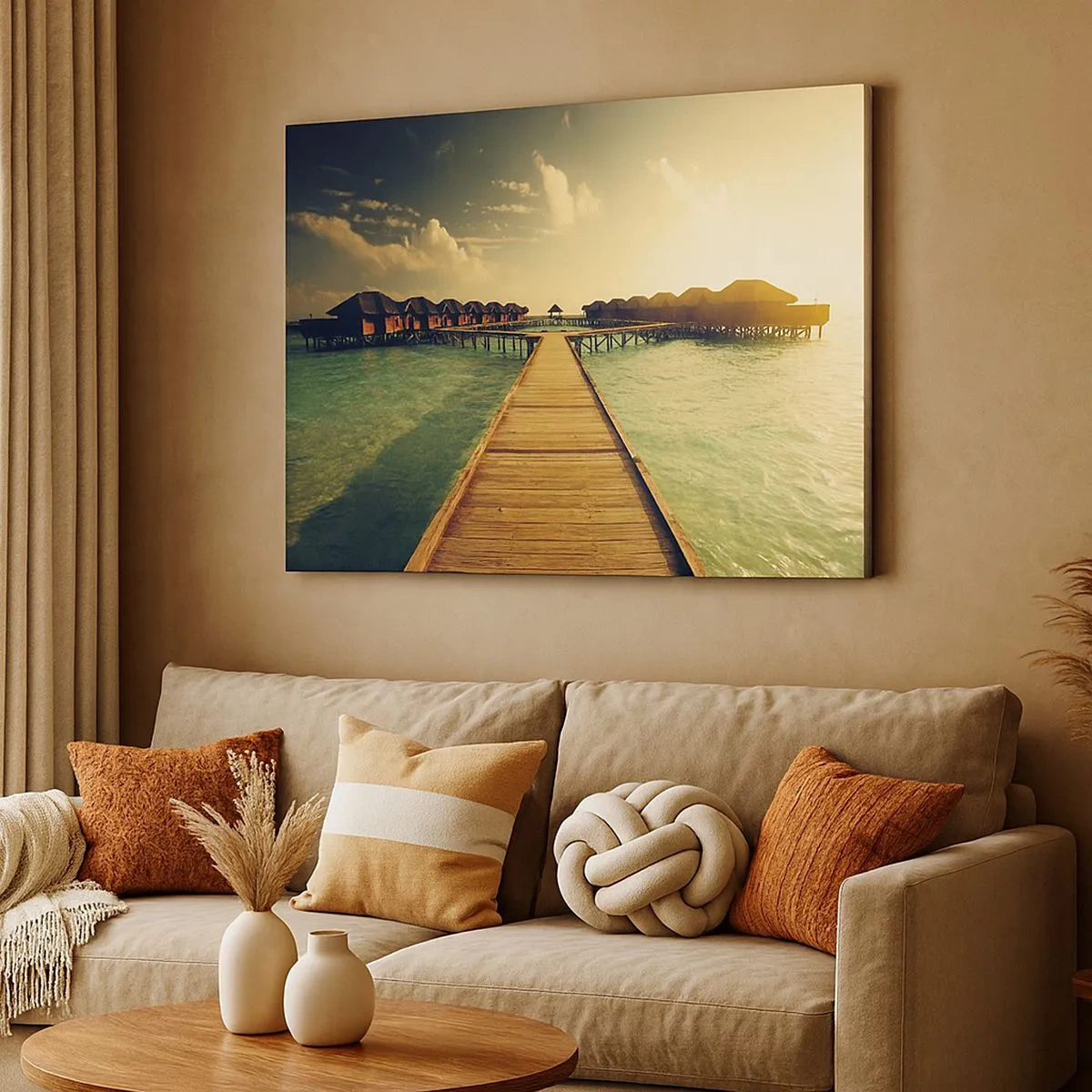 Canvas picture - wooden jetty leading to the houses on the water, illuminated by the sun's rays. - 70x50cm - Warm Welcome - Modern wall decoration for the living room and bedroom ARTTOR