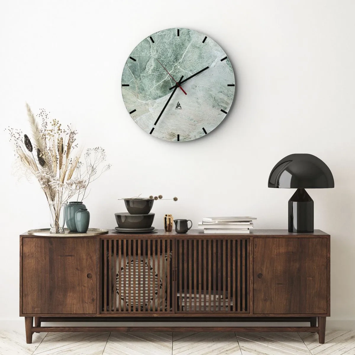 Wall clock - Clock on glass - Green marble pattern in a cool shade - 30x30cm - Noble Coolness of a Stone - Modern wall decoration for the living room, kitchen, and bedroom ARTTOR