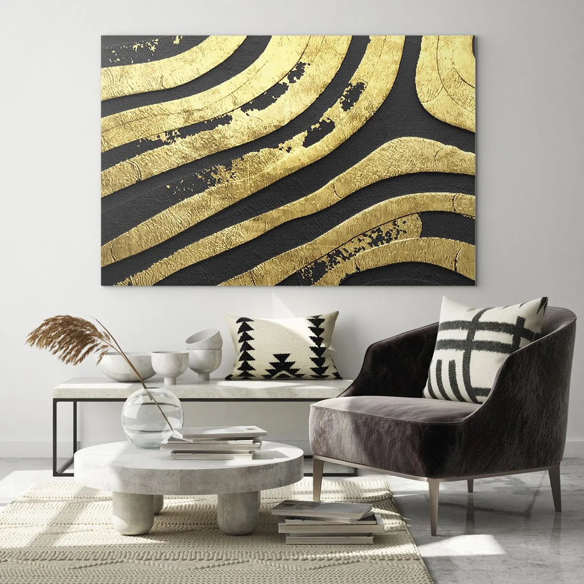 Glass picture - Golden abstract lines on a black background in a glamorous style - 70x50cm - Everything Flows - Modern wall decoration for the living room and bedroom ARTTOR