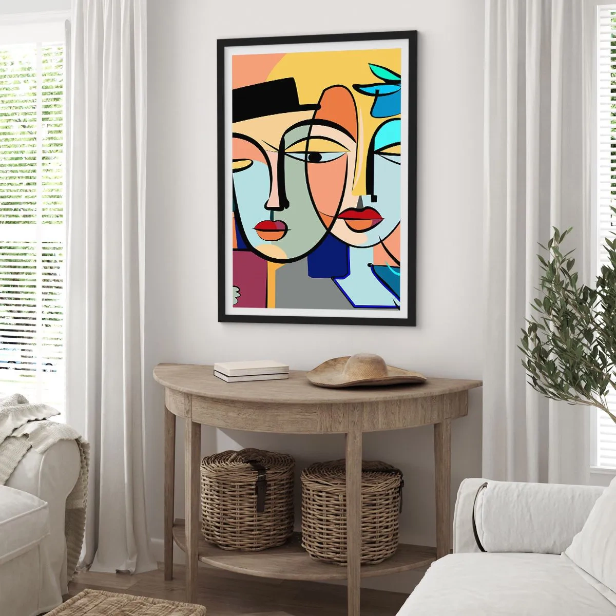 Poster in black frame - Colorful abstract composition of faces in a cubist style - 50x70cm - Rendez-vous Picasso Style - Modern wall decoration for the living room and bedroom ARTTOR