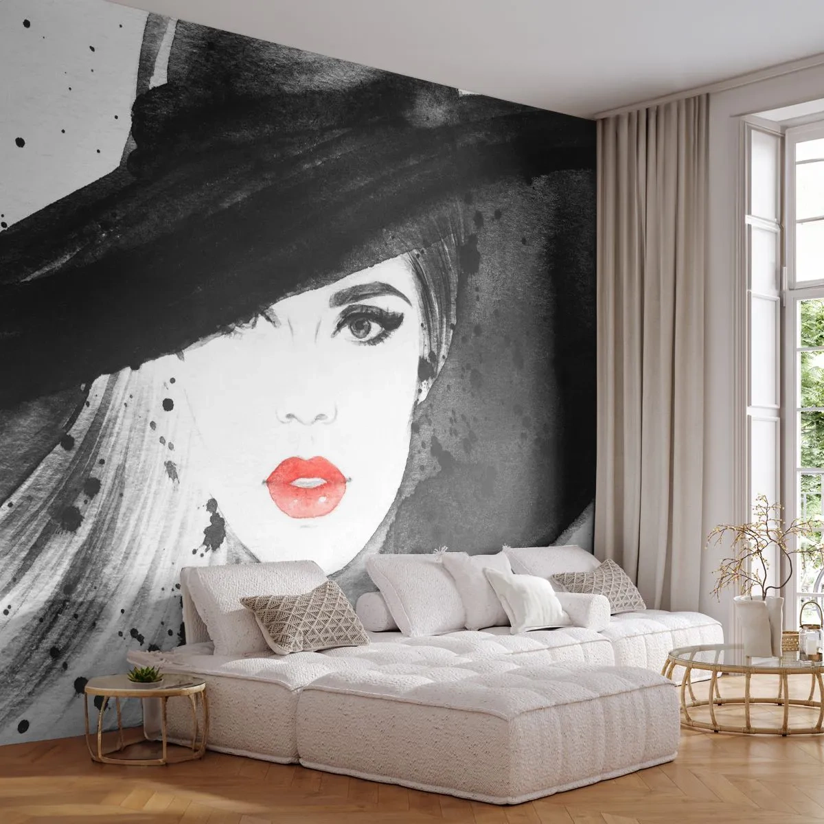 Photo Wallpaper Premium Canvas - Lady in Black - Woman, Woman's Face, Portrait of a Woman - 300x210 cm