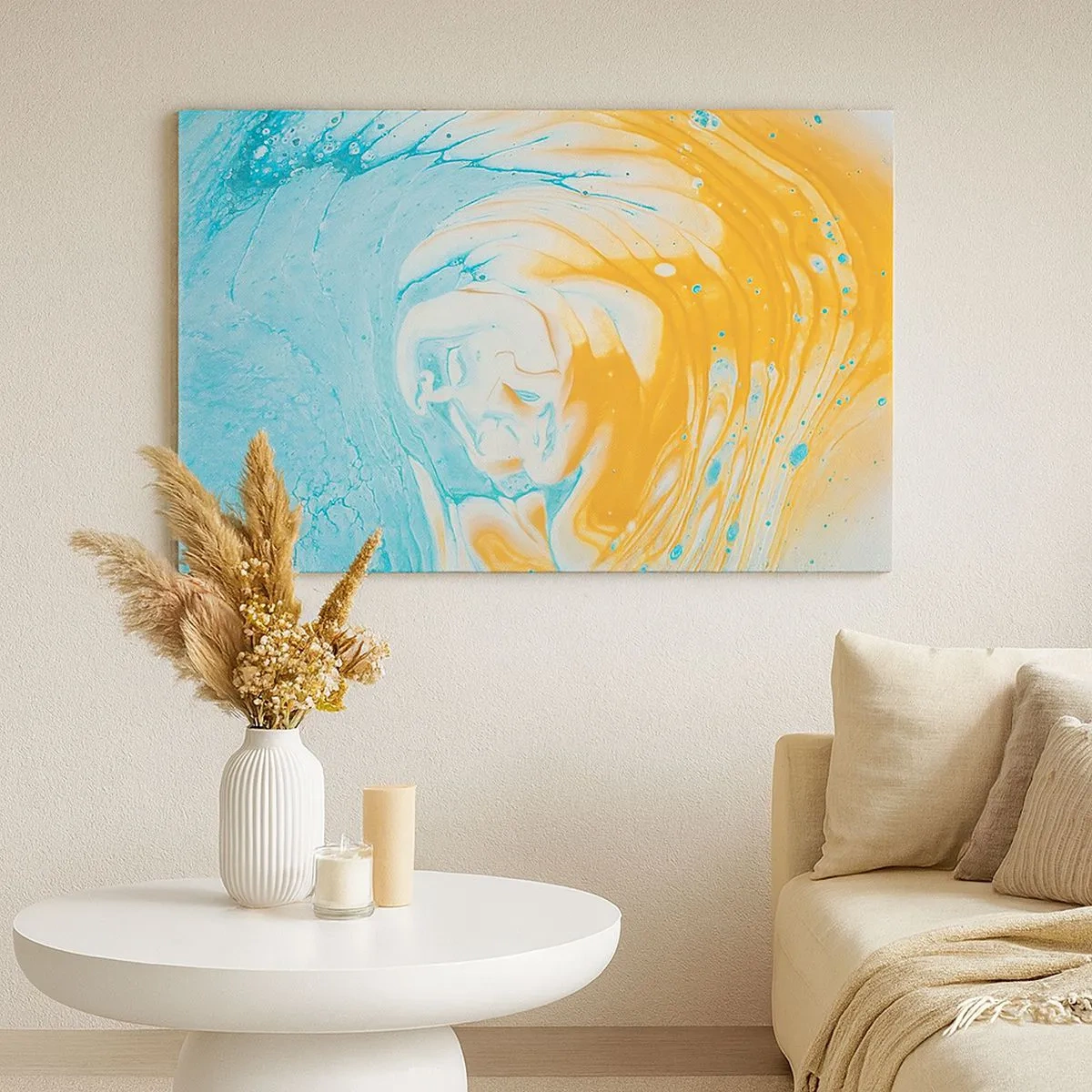 Canvas picture - Abstract waves in shades of blue and gold on canvas - 70x50cm - Pastel Swirl - Modern wall decoration for the living room and bedroom ARTTOR