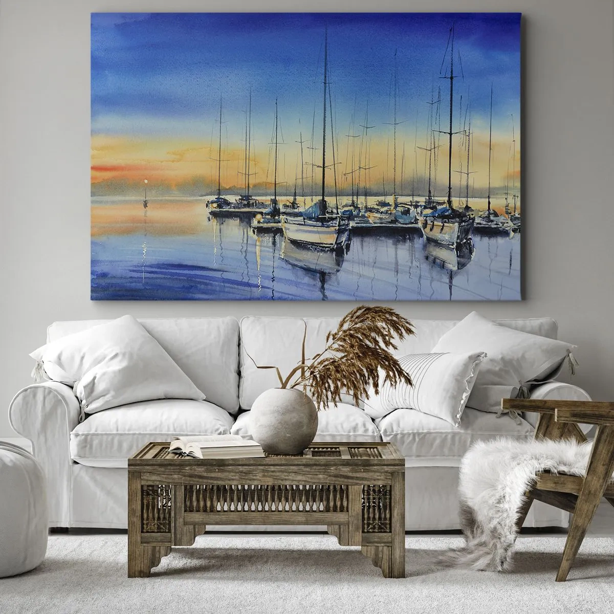 Canvas picture - Yacht port at sunset with reflections on the water - 70x50cm - The End of a Good Day - Modern wall decoration for the living room and bedroom ARTTOR