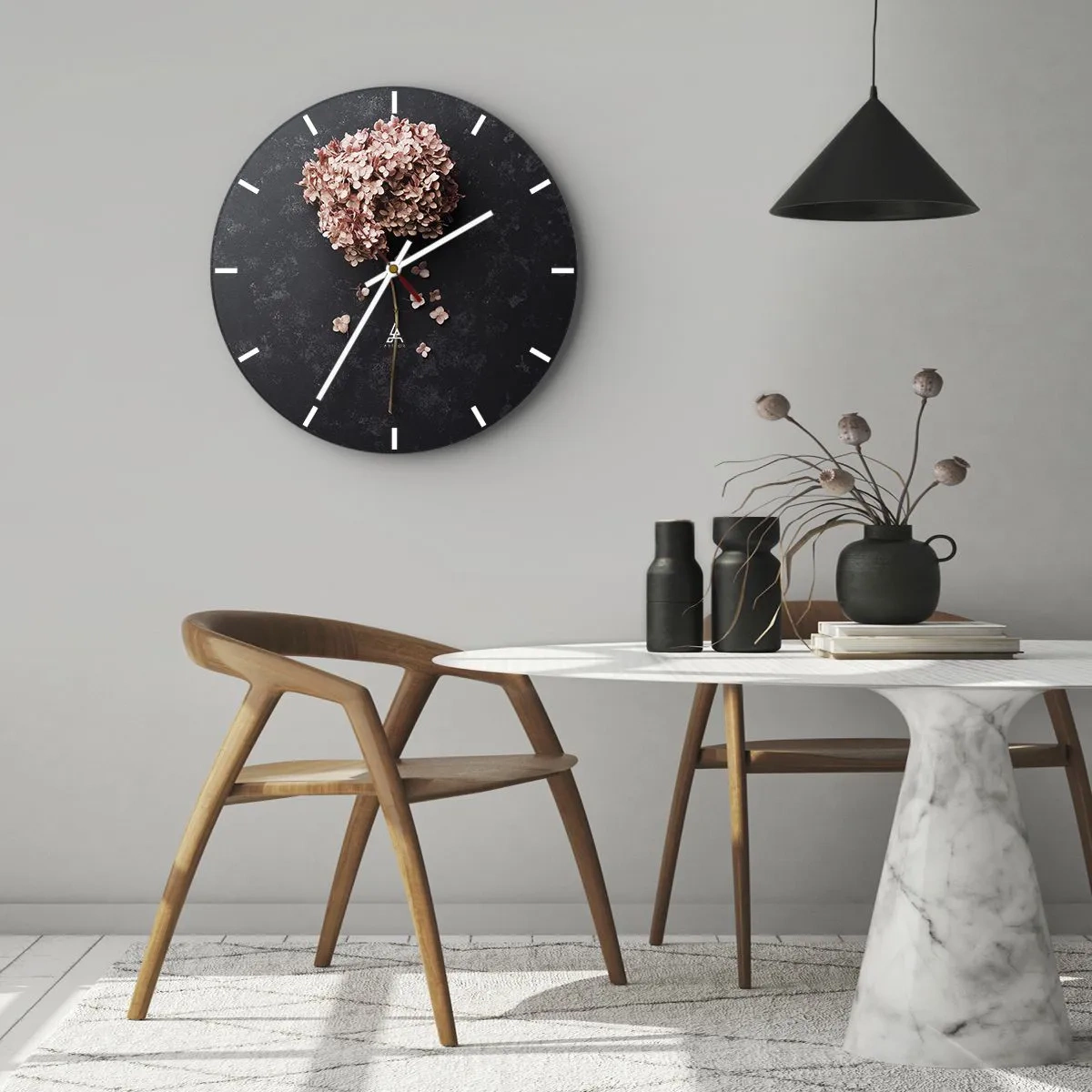 Wall clock - Clock on glass - Pink hydrangea flower on a black background - 30x30cm - Trully Romantic Sign - Modern wall decoration for the living room, kitchen, and bedroom ARTTOR