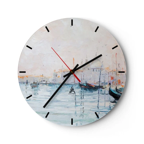 Wall clock - Clock on glass - An impressionistic painting of a harbor with boats on calm water. - 30x30cm - Behind Water behind Fog - Modern wall decoration for the living room, kitchen, and bedroom ARTTOR