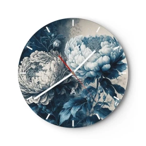 Wall clock - Clock on glass - Illustration of two peonies in shades of blue and white - 30x30cm - Matched Couple - Modern wall decoration for the living room, kitchen, and bedroom ARTTOR