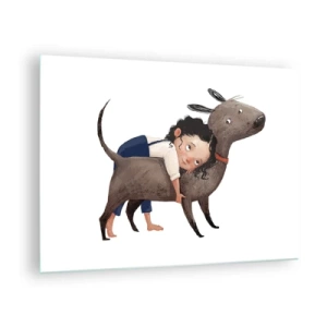 Glass picture - A girl hugging a large dog on a white background - 70x50cm - Best Friends - Modern wall decoration for the living room and bedroom ARTTOR