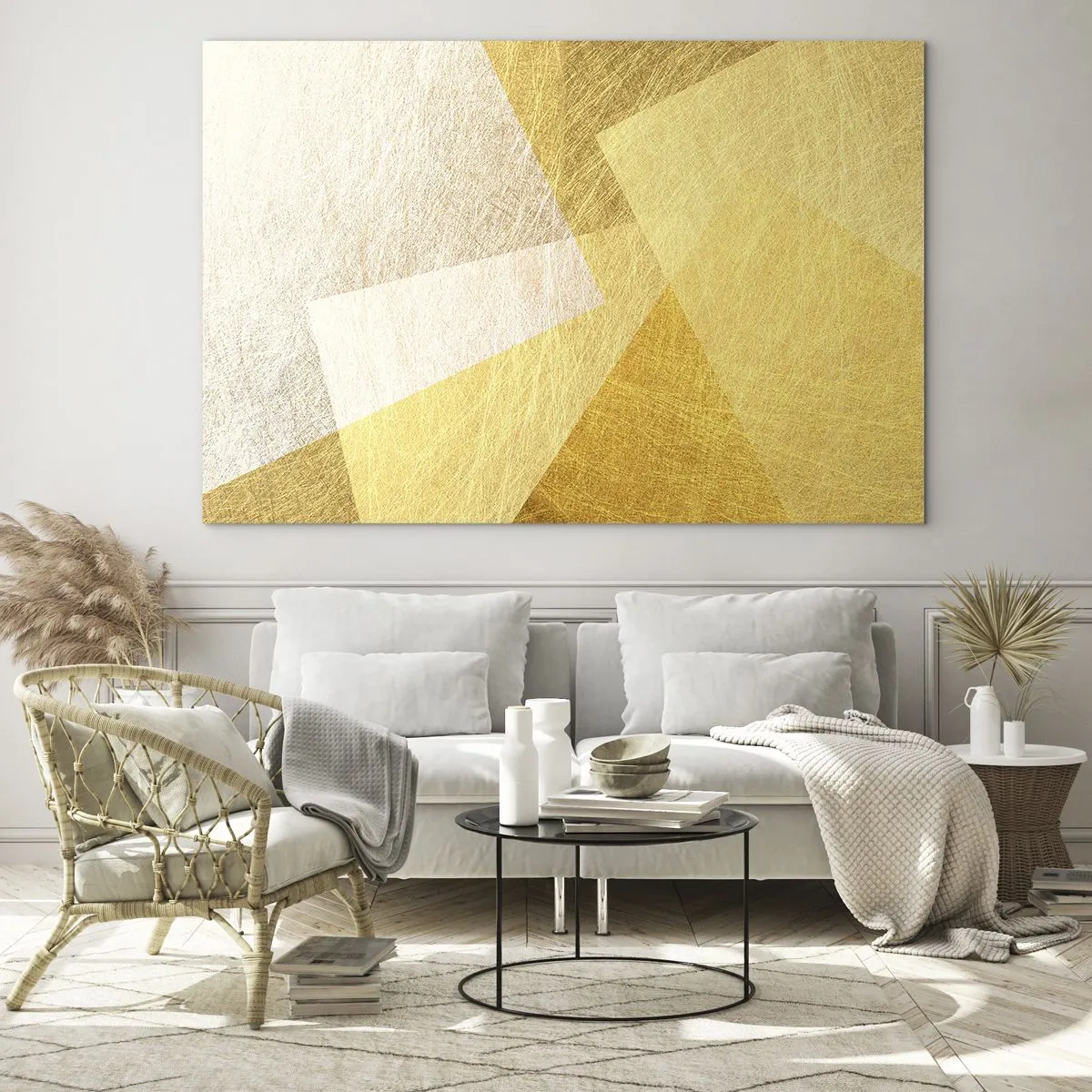 Glass picture - Golden geometric shapes with a metal and light texture - 70x50cm - Weather of Geometry - Modern wall decoration for the living room and bedroom ARTTOR
