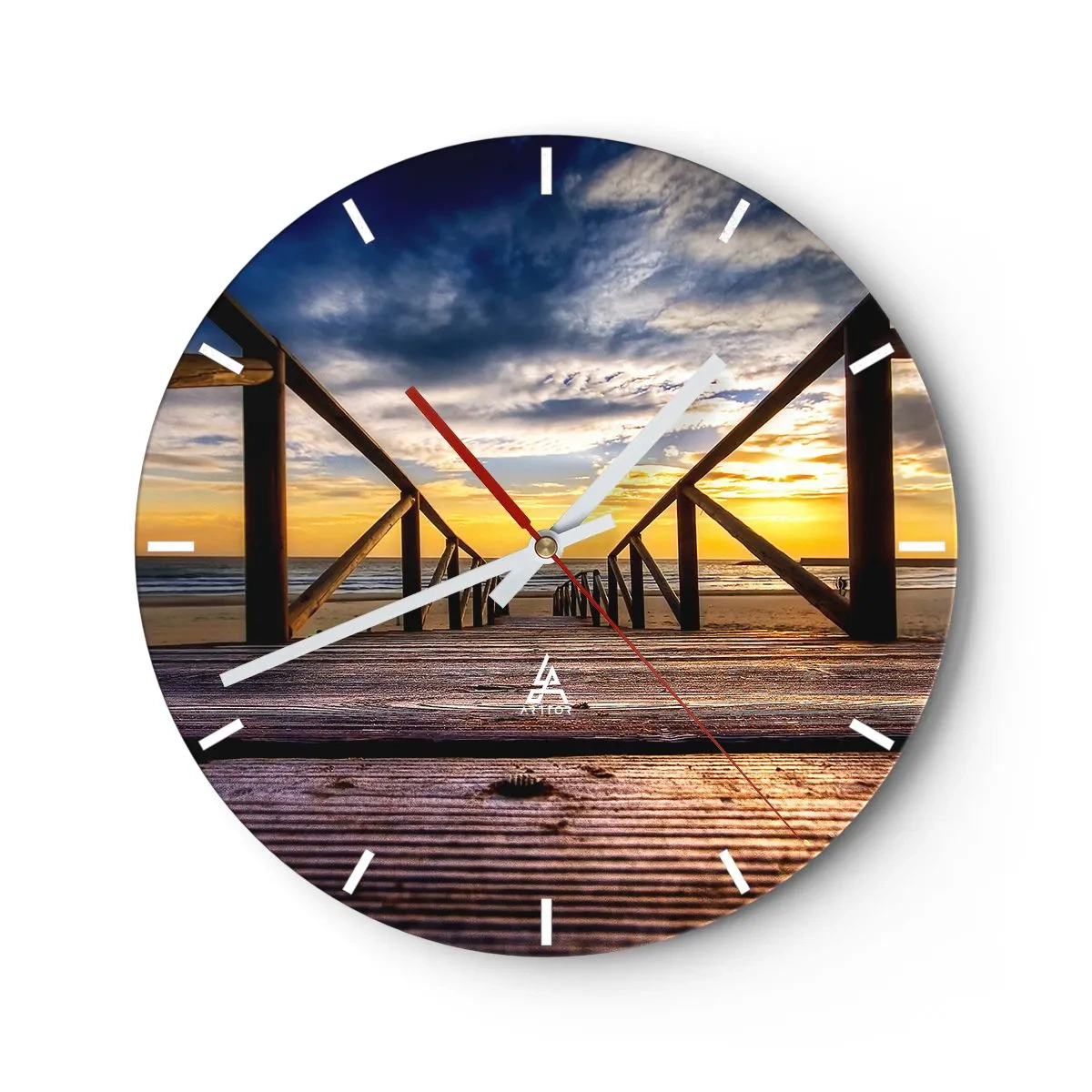 Wall clock - Clock on glass - Sunset seen from a wooden pier on the beach - 30x30cm - Straight to a Quiet Beach at Sunset - Modern wall decoration for the living room, kitchen, and bedroom ARTTOR
