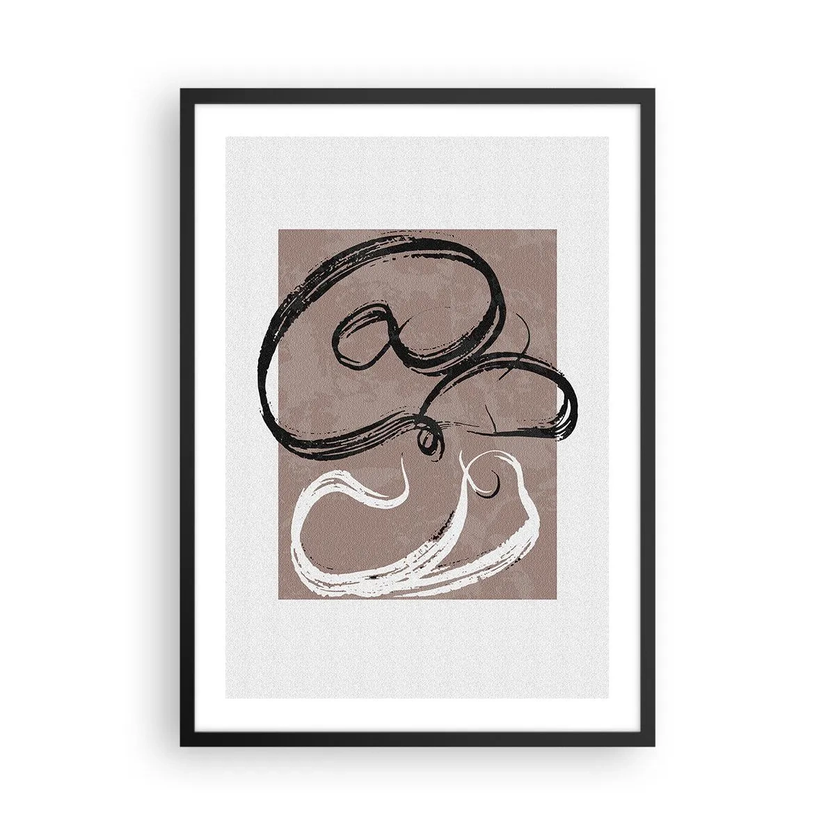 Poster in black frame - Abstract composition with dynamic brushstrokes in black and white on a brown background. - 50x70cm - Composition -In Search of Completeness - Modern wall decoration for the living room and bedroom ARTTOR