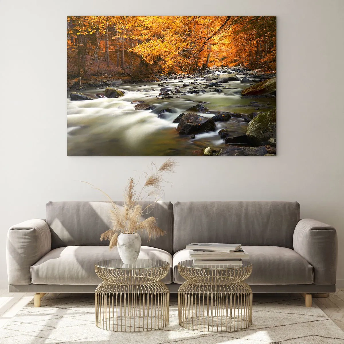 Glass picture - Autumn forest with a stream and stones - 70x50cm - Brook in a Golden Forest - Modern wall decoration for the living room and bedroom ARTTOR