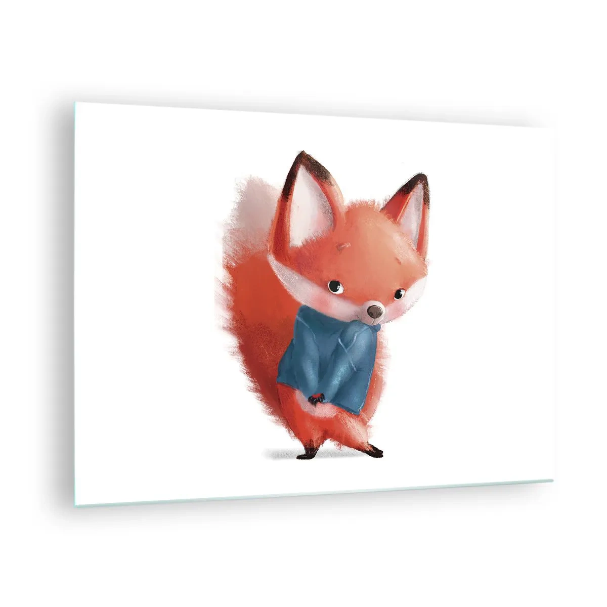Glass picture - A cute fox in a blue sweater on a white background - 70x50cm - Do I Look Good in It? - Modern wall decoration for the living room and bedroom ARTTOR