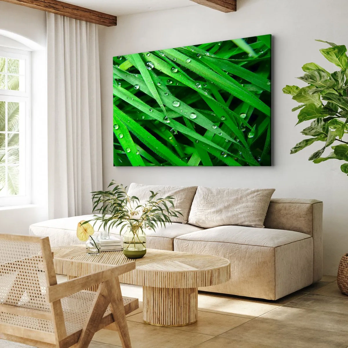 Canvas picture - Close-up of green blades of grass with dew drops - 70x50cm - Go Grren - Modern wall decoration for the living room and bedroom ARTTOR
