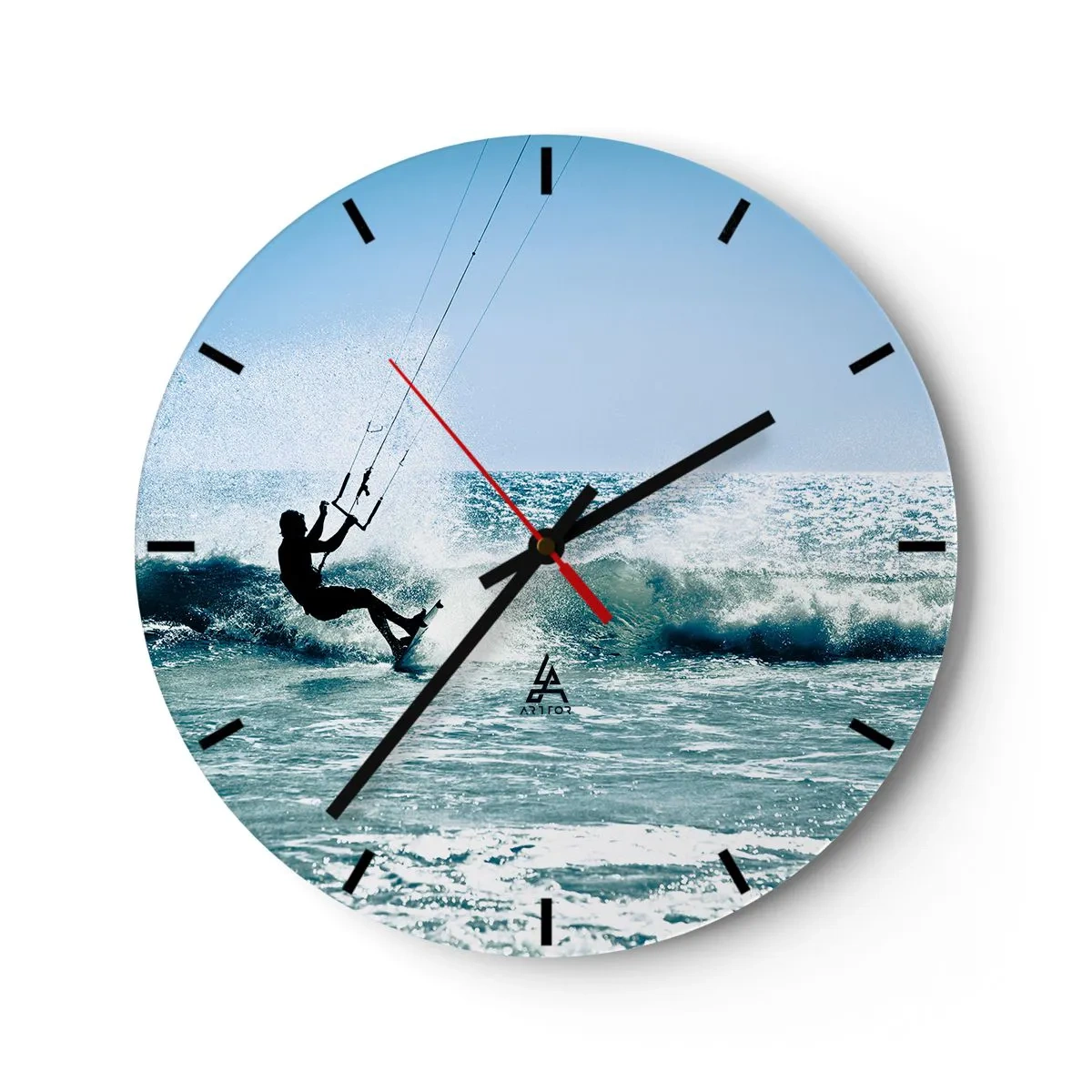 Wall clock - Clock on glass - Kitesurfer riding a wave on a sunny day by the sea - 30x30cm - Let You Be Carried Away - Modern wall decoration for the living room, kitchen, and bedroom ARTTOR