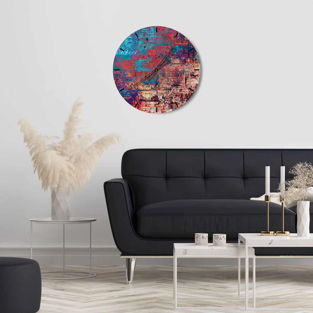 Wall clock - Clock on glass - An abstract composition in intense shades of red and blue. - 30x30cm - Memory and Oblivion - Modern wall decoration for the living room, kitchen, and bedroom ARTTOR