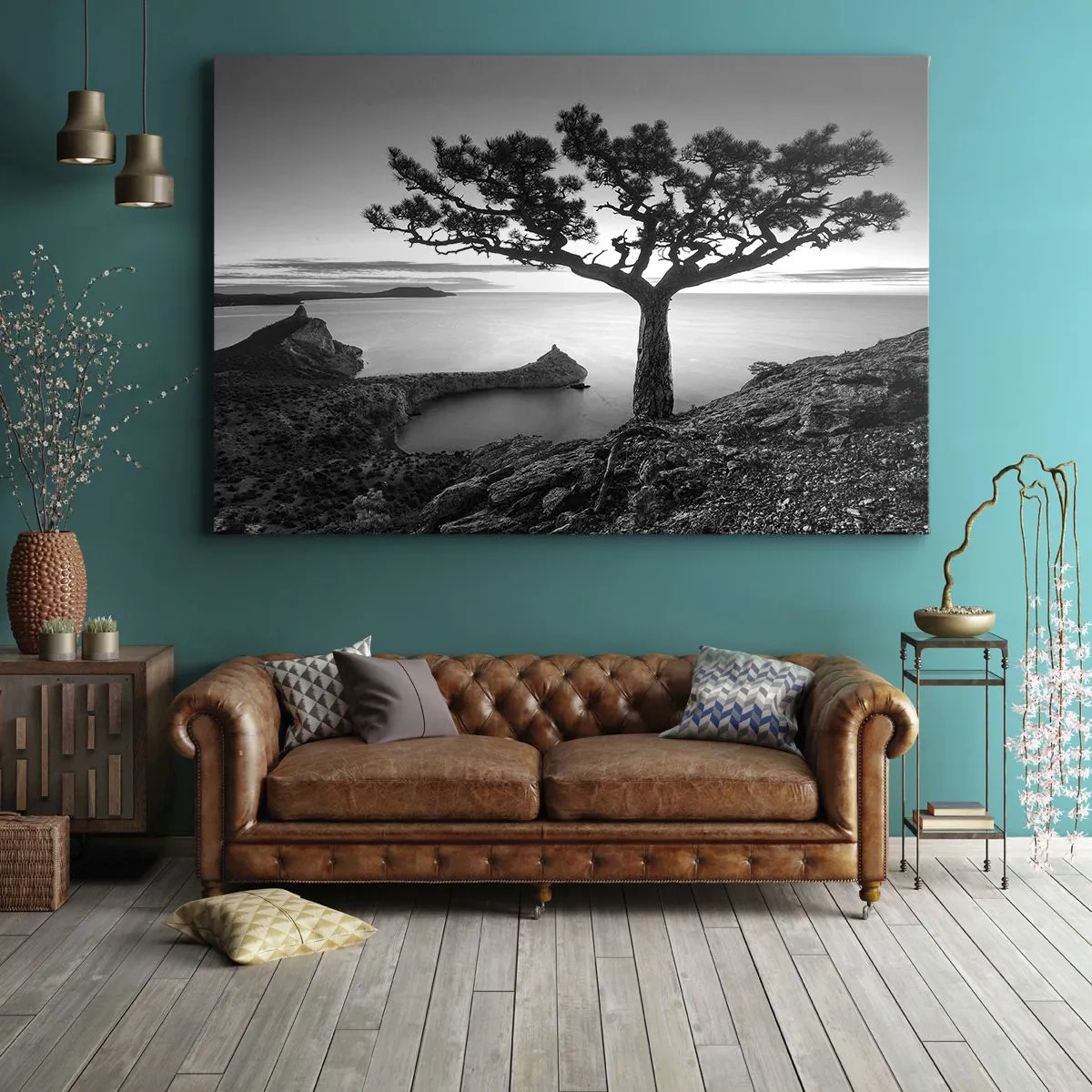 Canvas picture - Black and white landscape with a lonely tree on a cliff above the sea - 70x50cm - Quiet All Around - Modern wall decoration for the living room and bedroom ARTTOR