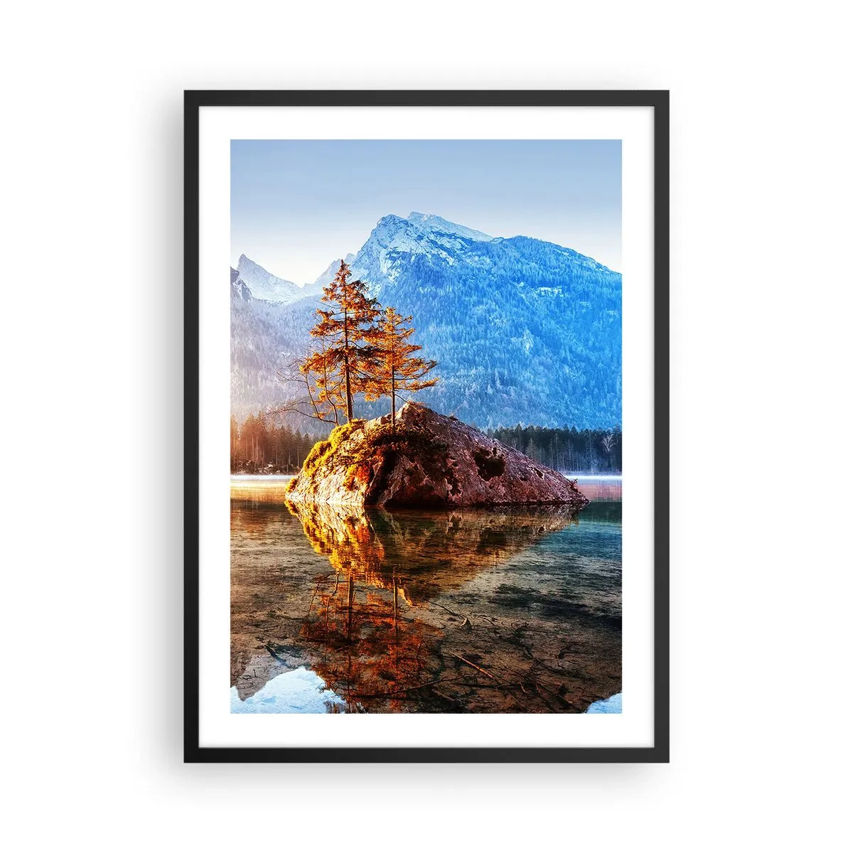 Poster in black frame - Trees on a rock reflected in a calm lake - 50x70cm - Nature in New Light - Modern wall decoration for the living room and bedroom ARTTOR