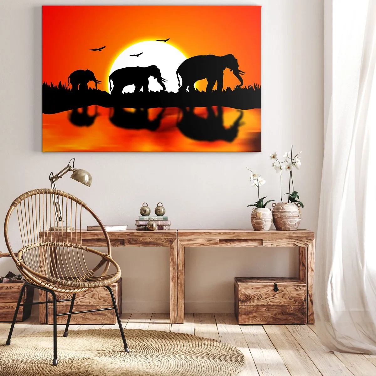 Canvas picture - Silhouettes of elephants at sunset over water with reflection - 70x50cm - And in the Evening for a Small Drink - Modern wall decoration for the living room and bedroom ARTTOR