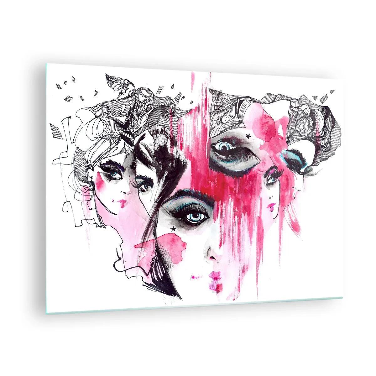 Glass picture - Abstract female faces with pink accents in a sketch style. - 70x50cm - Abstract eyes - Modern wall decoration for the living room and bedroom ARTTOR