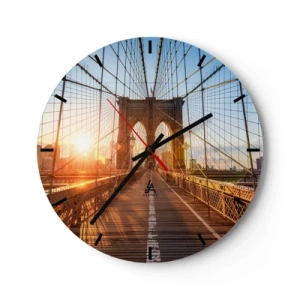 Wall clock - Clock on glass - A bridge with metal ropes against the backdrop of the rising sun - 30x30cm - On a Golden Bridge - Modern wall decoration for the living room, kitchen, and bedroom ARTTOR