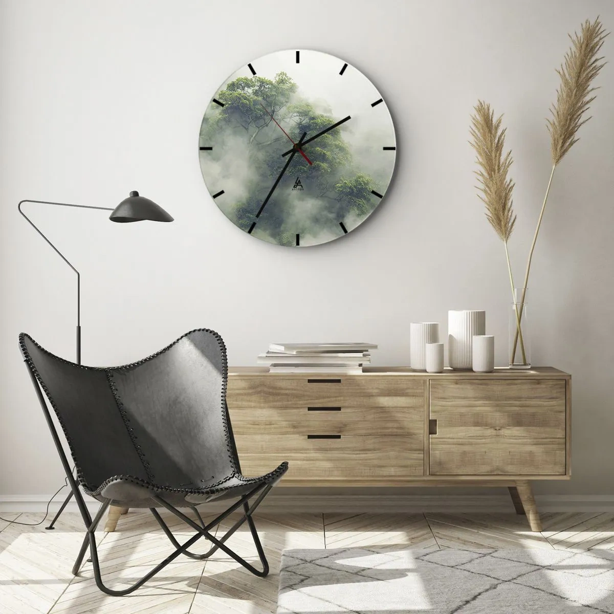 Wall clock - Clock on glass - Wrapped In Fog - 40x40 cm