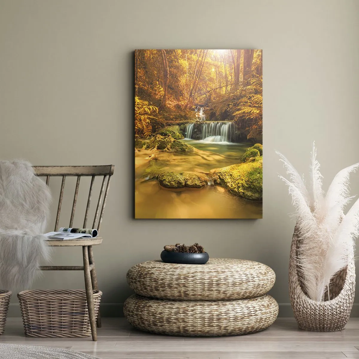 Canvas picture - Forest Cascade in Gold - 50x70 cm