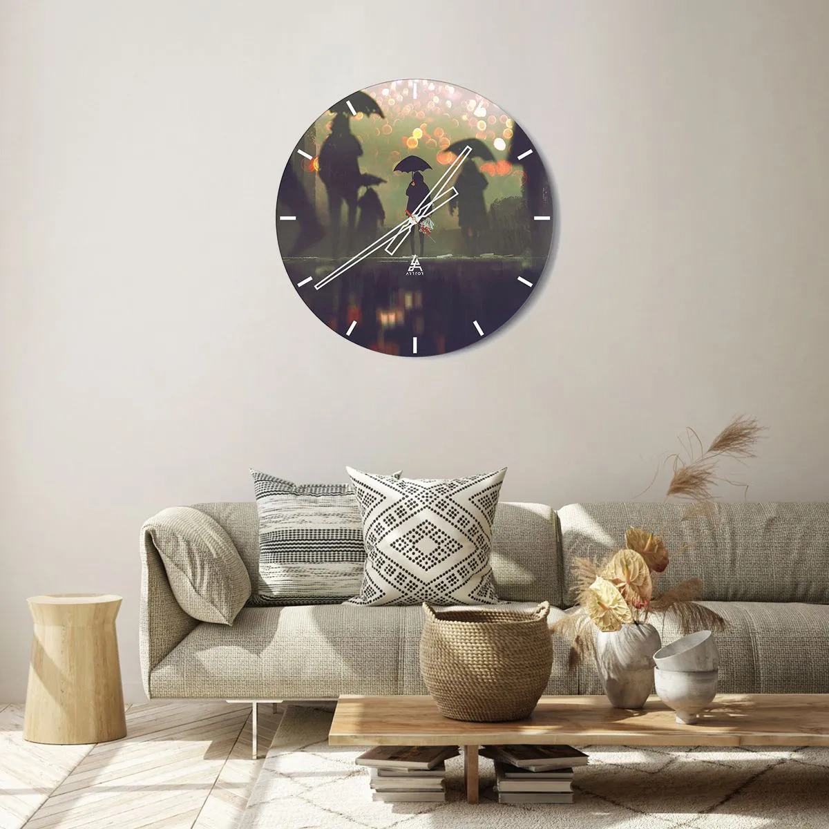 Wall clock - Clock on glass - Figures with umbrellas on a rainy street in diffused light - 30x30cm - From Perspective of a Raindrop - Modern wall decoration for the living room, kitchen, and bedroom ARTTOR