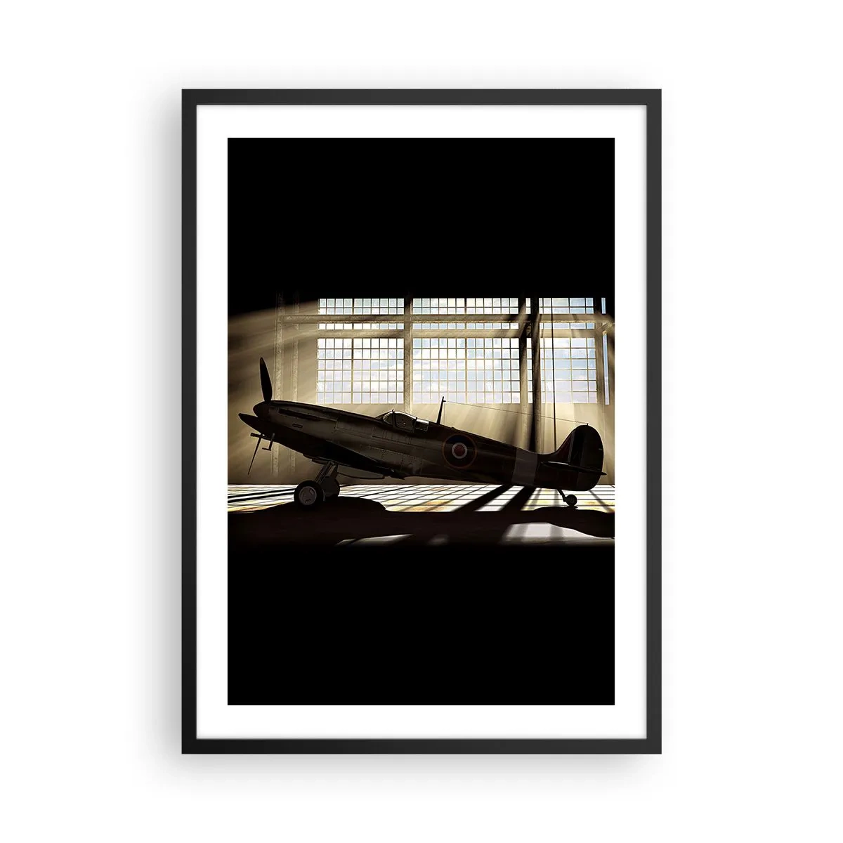 Poster in black frame - Historic airplane in hangar with sun rays - 50x70cm - Warrior's Rest - Modern wall decoration for the living room and bedroom ARTTOR