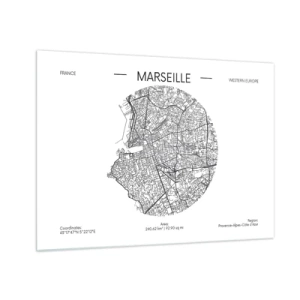 Glass picture - Black and white map of the city of Marseille in a modern style - 70x50cm - Anatomy of Marseille - Modern wall decoration for the living room and bedroom ARTTOR