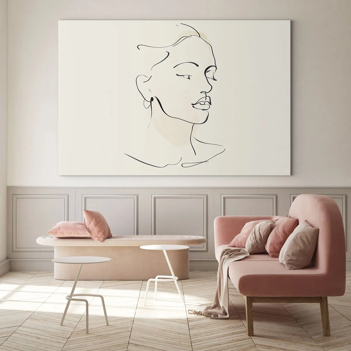 Glass picture - A female linear portrait against a light background with delicate shadows. - 70x50cm - With a Decisive Line - Modern wall decoration for the living room and bedroom ARTTOR