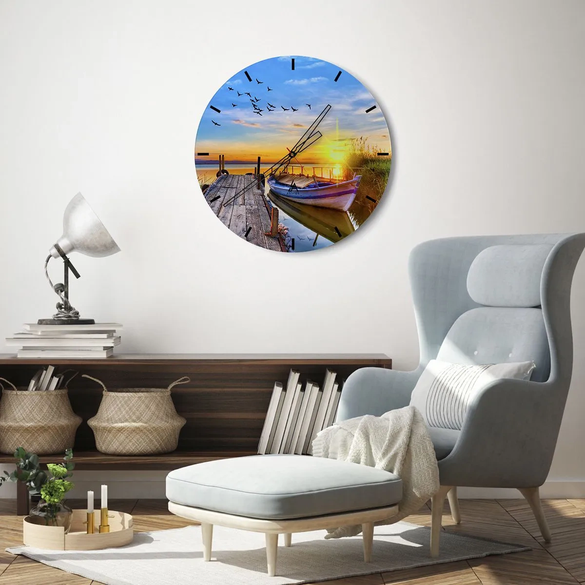 Wall clock - Clock on glass - A boat at the pier against the backdrop of the sunset - 30x30cm - Goodbye, See You tomorrow - Modern wall decoration for the living room, kitchen, and bedroom ARTTOR