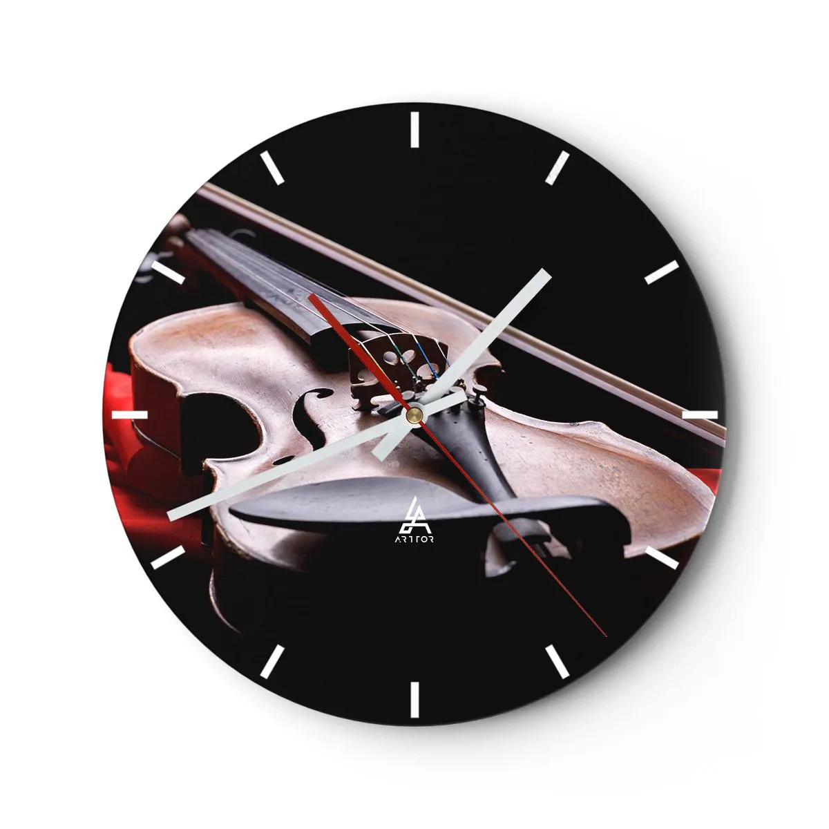 Wall clock - Clock on glass - Violin on a black background with a red accent - 30x30cm - Music of Feelings - Modern wall decoration for the living room, kitchen, and bedroom ARTTOR