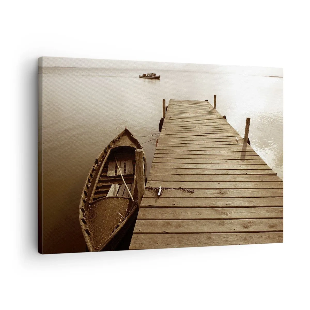 Canvas picture - Wooden pier and boat on a calm lake - 70x50cm - Great Calm - Modern wall decoration for the living room and bedroom ARTTOR