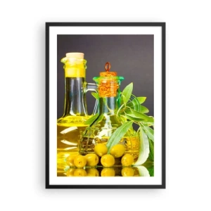 Poster in black frame - Bottles of olive oil and green olives - 50x70cm - Still Life with Olives and Olive Oil - Modern wall decoration for the living room and bedroom ARTTOR