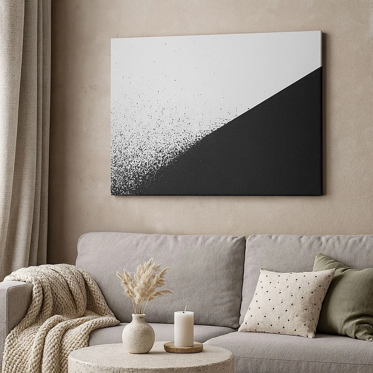 Canvas picture - Minimalist abstraction in black and white with scattered dots - 70x50cm - Faster and More - Modern wall decoration for the living room and bedroom ARTTOR