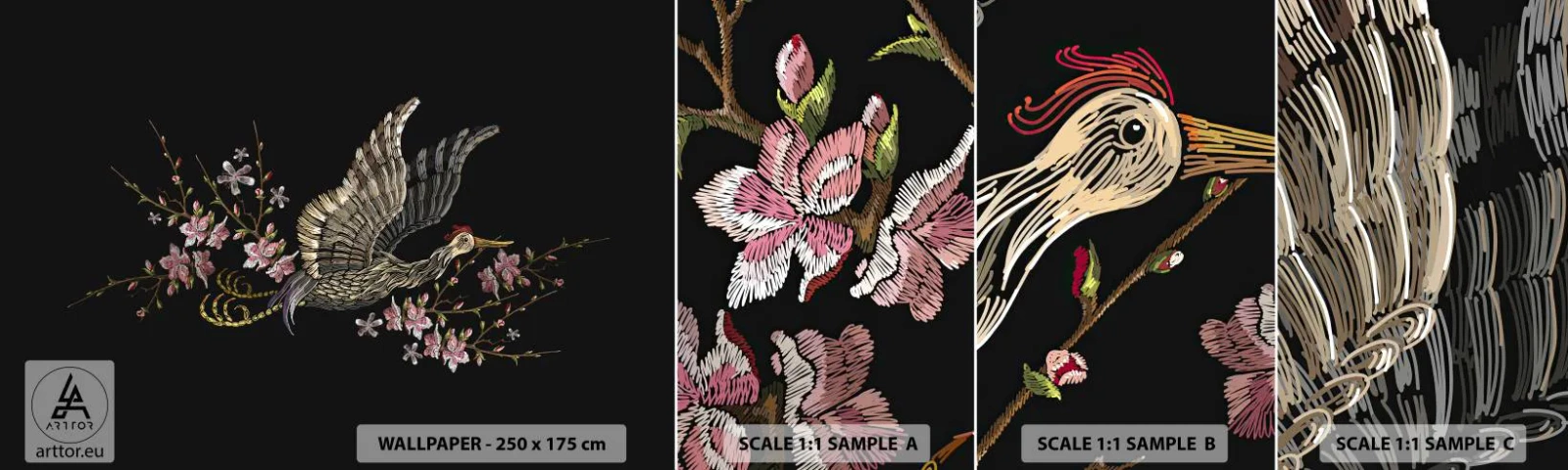 Photo Wallpaper Sample Self-Adhesive Deluxe Sticker - Exotic, Embroidered Bird - Bird, Graphics, Flowers - 100x30 cm