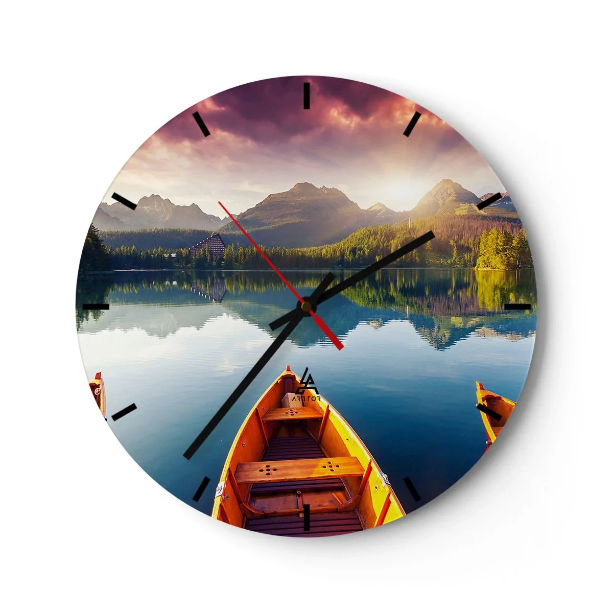 Wall clock - Clock on glass - A clock face with a motif of a lake surrounded by mountains - 30x30cm - Nothing against Nature - Modern wall decoration for the living room, kitchen, and bedroom ARTTOR
