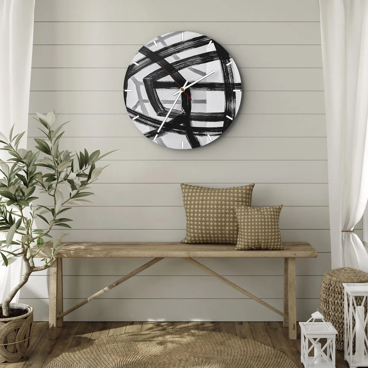 Wall clock - Clock on glass - Dynamic black brushstrokes creating three-dimensional patterns - 30x30cm - Building Depth - Modern wall decoration for the living room, kitchen, and bedroom ARTTOR