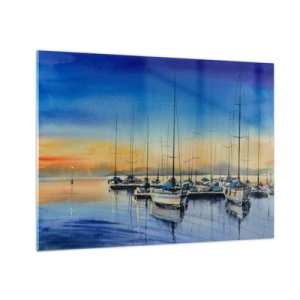 Glass picture - Sailboats in the harbor at sunset - 70x50cm - The End of a Good Day - Modern wall decoration for the living room and bedroom ARTTOR