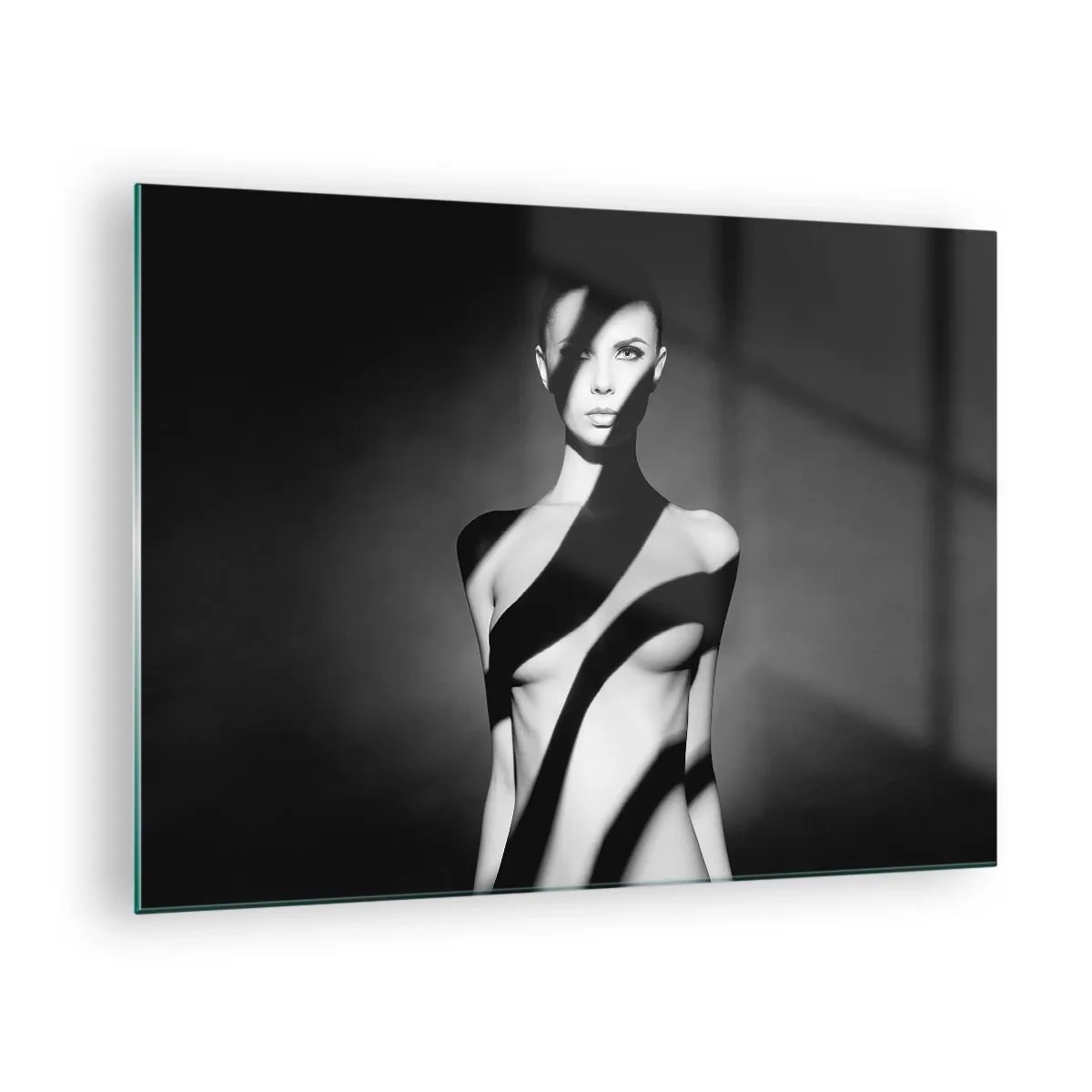 Glass picture - Black and white portrait of a woman with striking shadows - 70x50cm - In the Light and in the Shadow - Modern wall decoration for the living room and bedroom ARTTOR