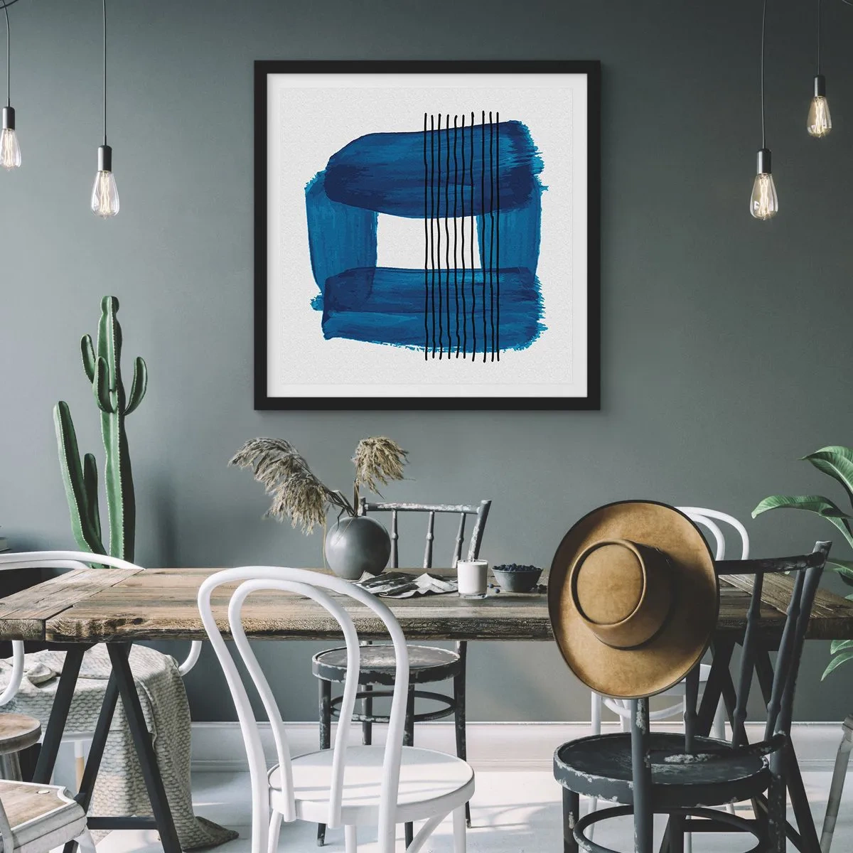 Poster in black frame - Blue and Black Composition - 60x60 cm