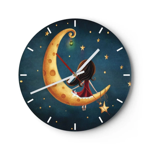 Wall clock - Clock on glass - A girl sitting on the moon in a fairy-tale setting - 30x30cm - Once Upon a Time… - Modern wall decoration for the living room, kitchen, and bedroom ARTTOR